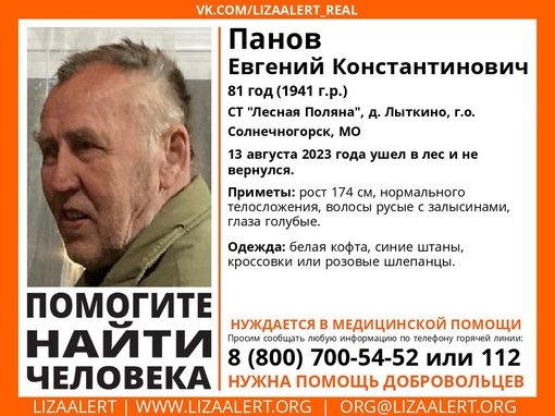 Внимание! Помогите найти человека!
Пропал #Панов Евгений Константинович, 81 год,
СТ «Лесная Поляна», д